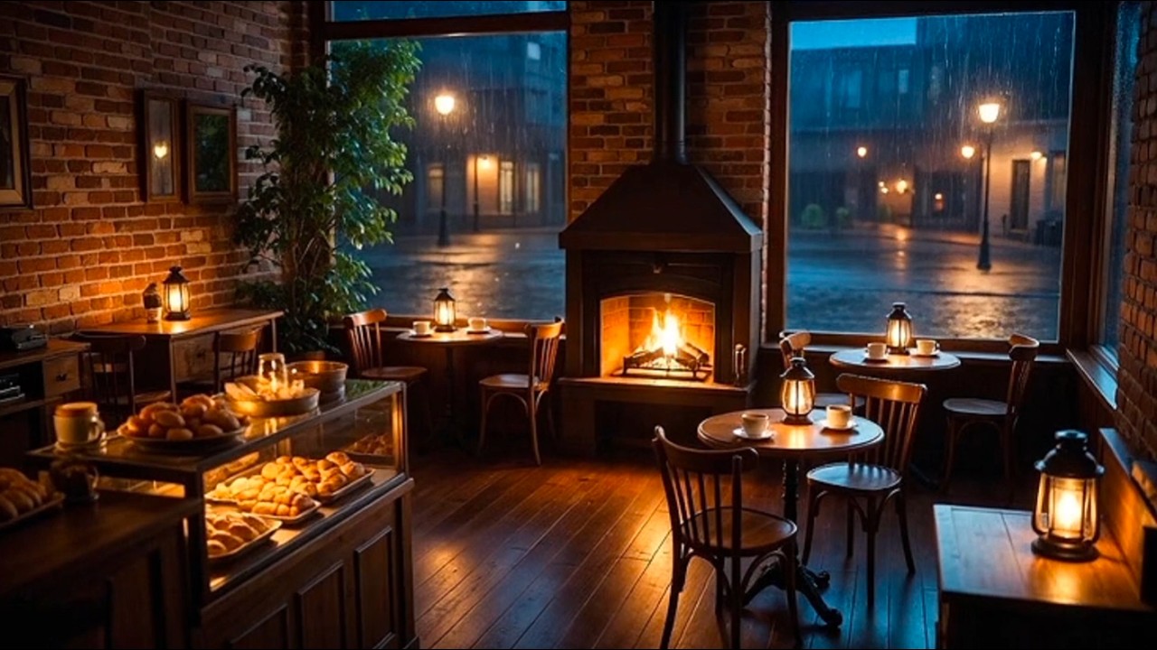 A Rainy Evening at the Jazz Café | Cozy Fireplace Ambience & Smooth Jazz All Night Long