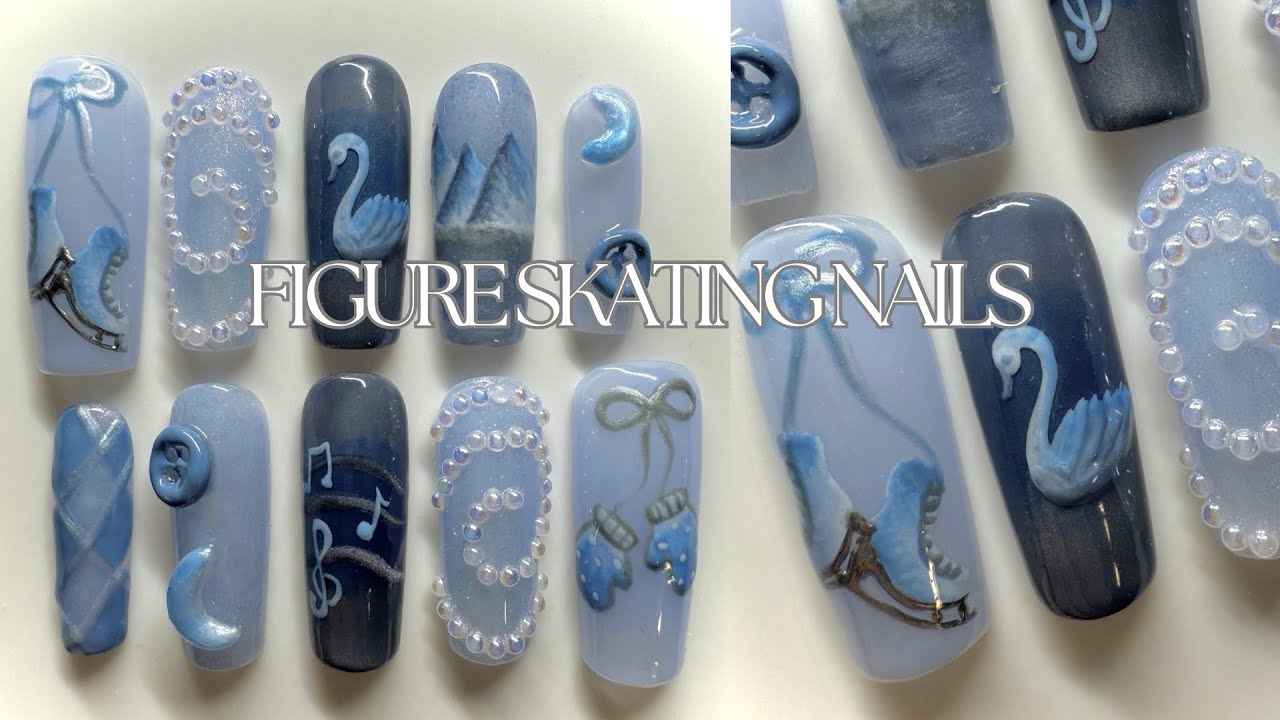 Creating Figure Skating Inspired Nails ⛸️🦢 in depth follow along nail art tutorial for beginners🩵
