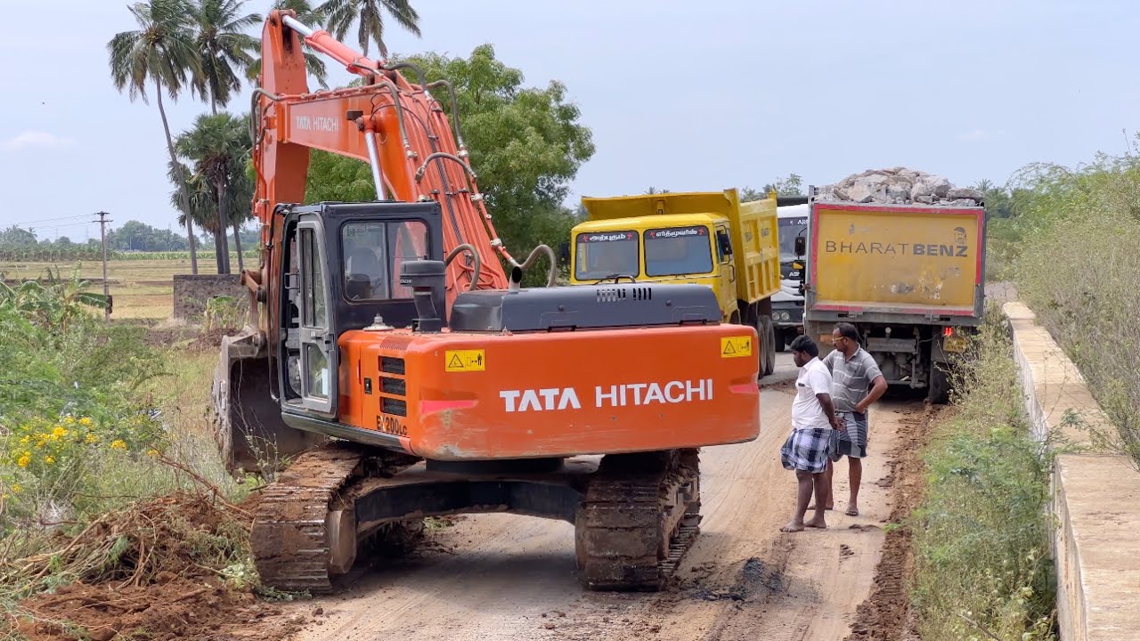 JCB 3DX Repair Old Road and BharatBenz Truck Over Loaded Stuck in Mud Rescue By Tata 200 Excavator