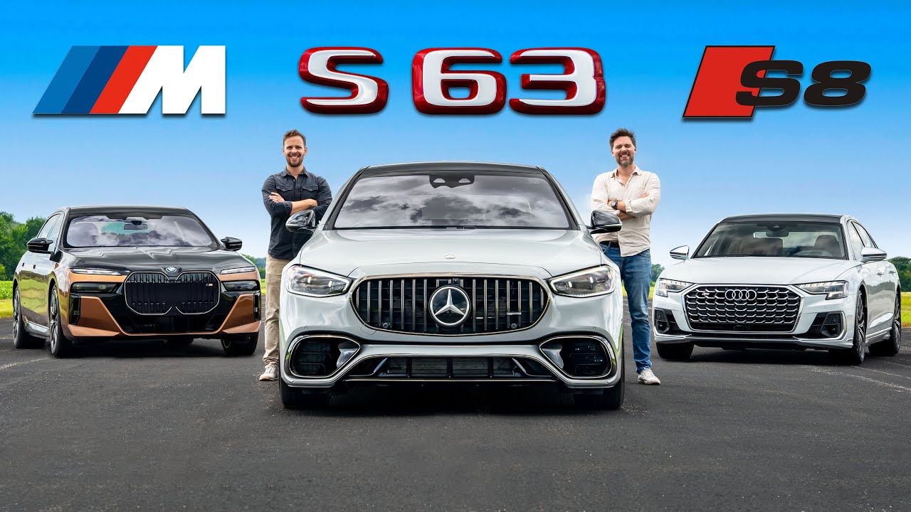 Mercedes-AMG S63 2024 года против Audi S8 против BMW M70 // Обзор + Дрэг-рейсинг