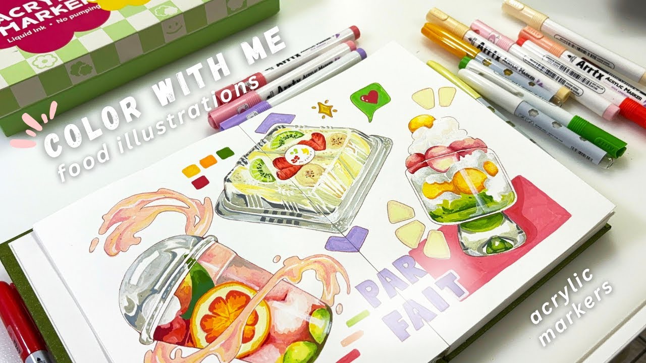 color with me✍🏼 acrylic marker painting | food illustration - cafe drinks, sandwich, parfait 🍨