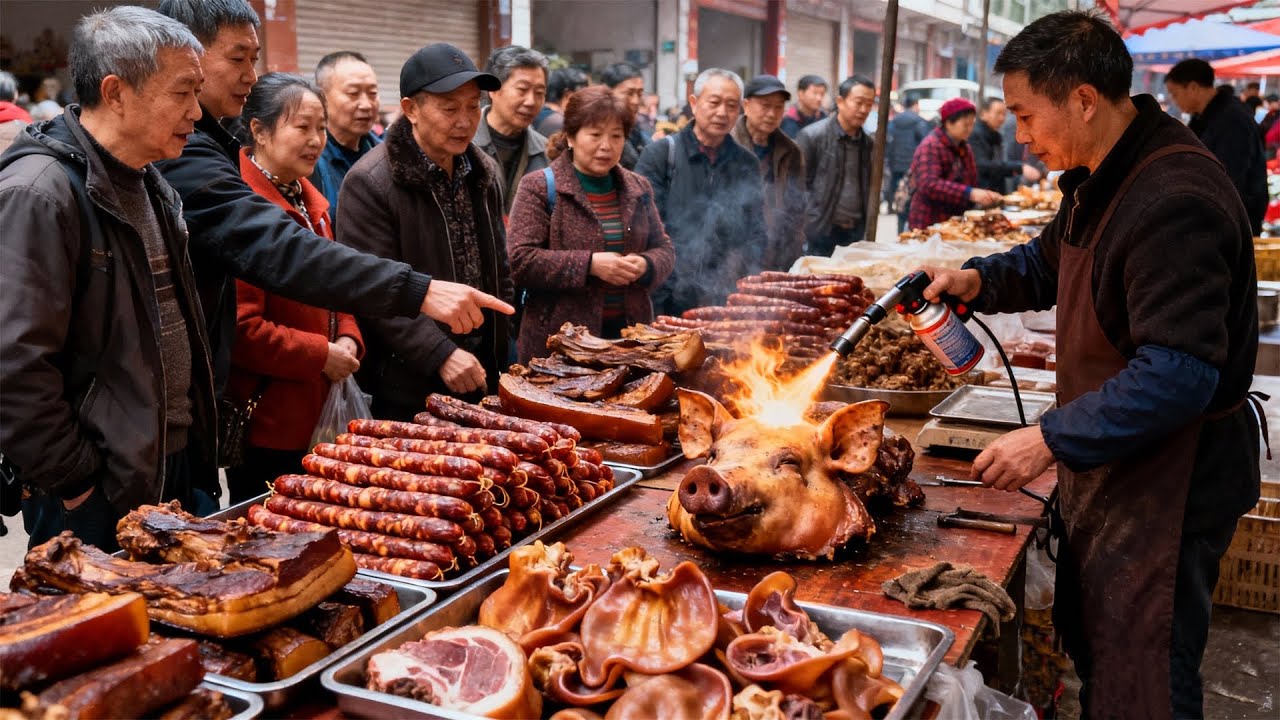 中国重庆赶大集，火爆肥肠香辣筋道，特色鸡汤铺盖面，重庆经典美食咸烧白，油炸花生裹满辣椒，热气腾腾的小笼包与鸡蛋糕，香酥鸡鸭兔非常受欢迎，烟熏腊肠与腊肉当地人最爱，中国传统零食米花糖与玉米酥人气爆满！