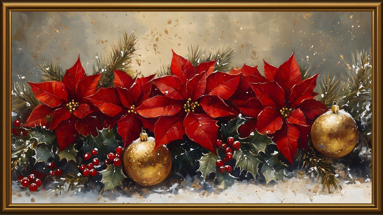 Christmas Poinsettia Elegance | Red & Gold Holiday Art | 4K Winter Frame TV Art Screensaver