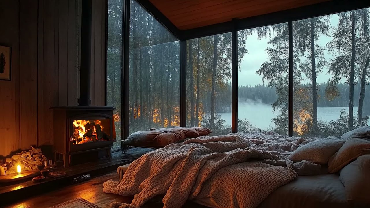 Rain Sounds For Sleeping – Gentle Night Rain & Crackling Fireplace in a Mountain Lodge