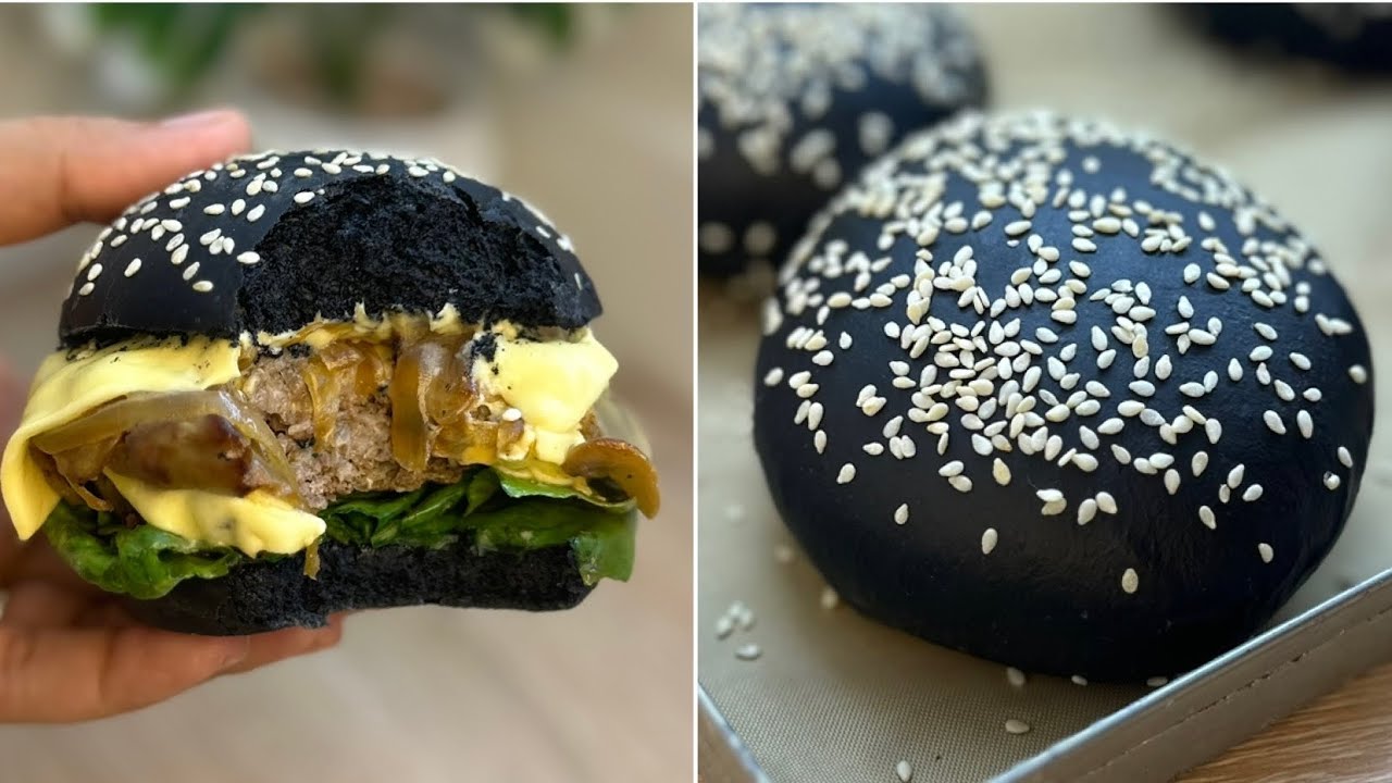 خبز البرغر الاسود 🍔 أخف من القطن و أحسن ملي ينباع بحشو مشخشخ يقطر بالبنة 🖤