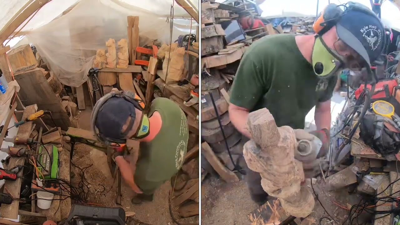 Chainsaw carving a gorilla walking stick. Carving black walnut