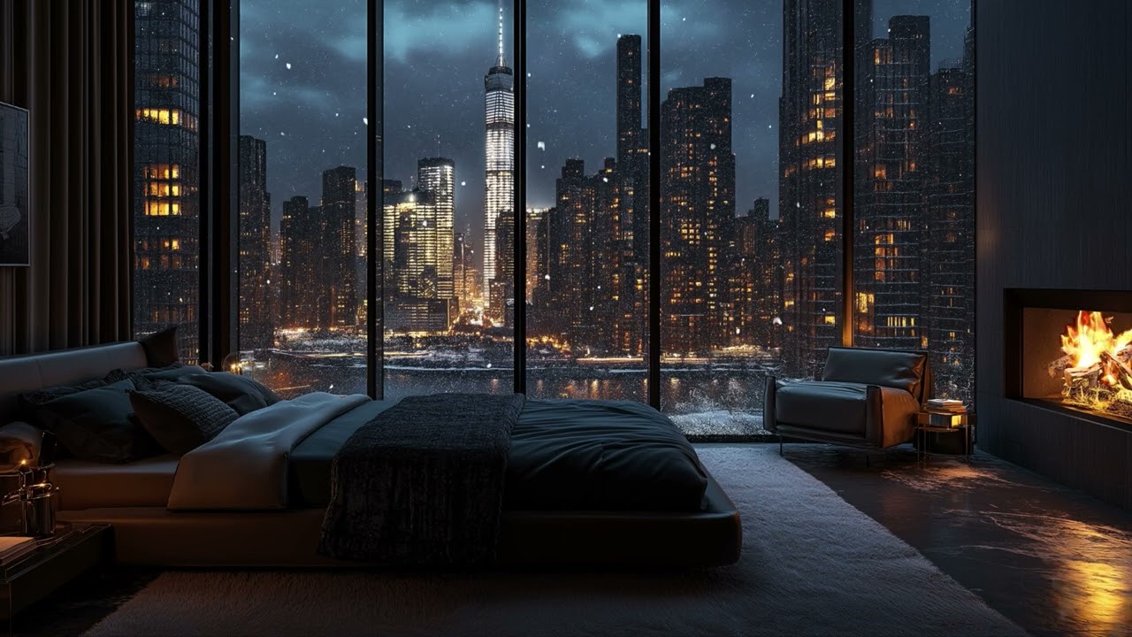 Cozy Bedroom With A Night View Of New York in snow | Fireplace & Loft ambient Sounds