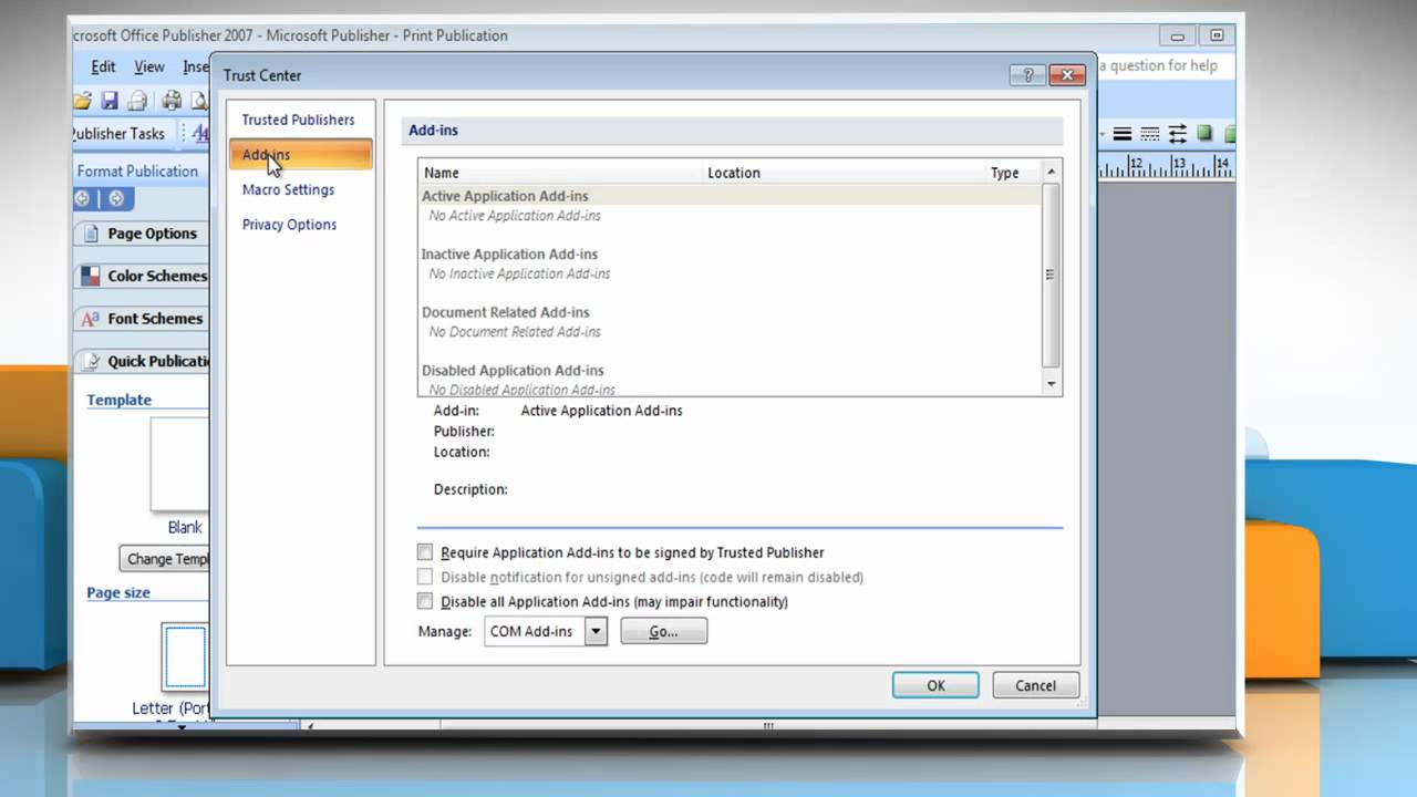 Microsoft&reg; Publisher 2007: View the installed add-ins on Windows&reg; 7