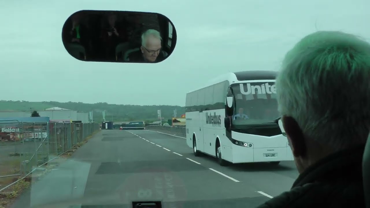 driver view narrated bus ride through D1 Belfast Cruise Terminal yard, N. Ireland, UK 5/20/23