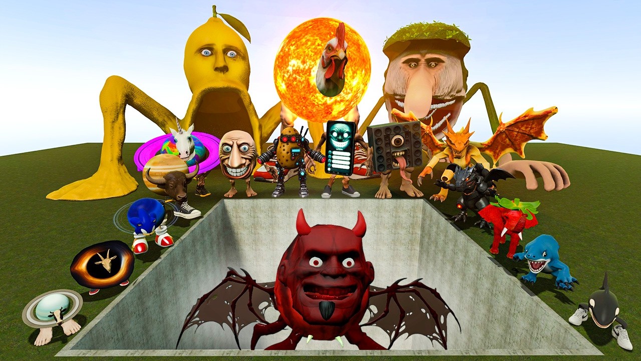 AI Brainrot Memes vs Lin Gang Melon Demon Bosses in Giant Pit – Gmod Chaos