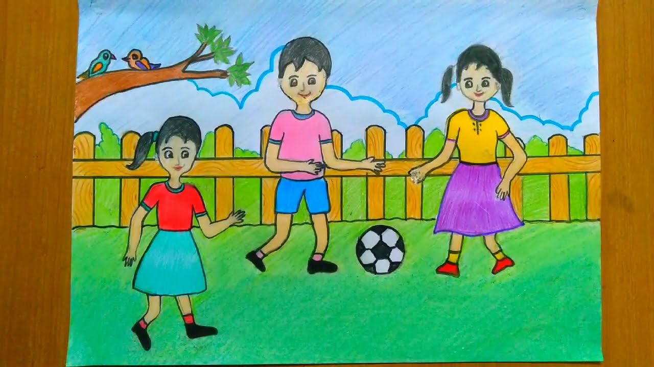 National sport's day easy drawing| playing football at ground/easy scenery of national sport'sday/ps