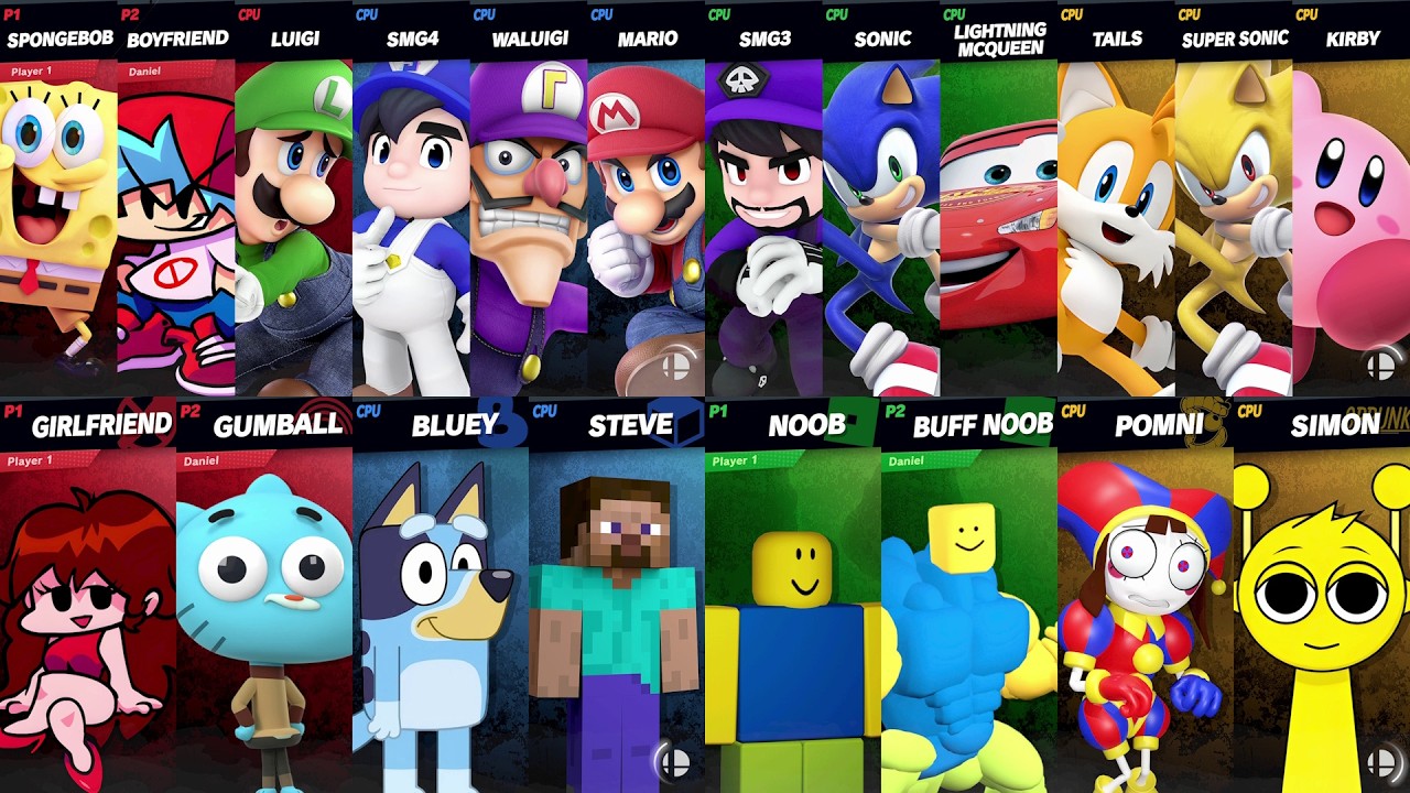 Sonic vs Mario vs Bluey vs SpongeBob vs Girlfriend vs Roblox vs Minecraft vs Car | Super Smash Bros