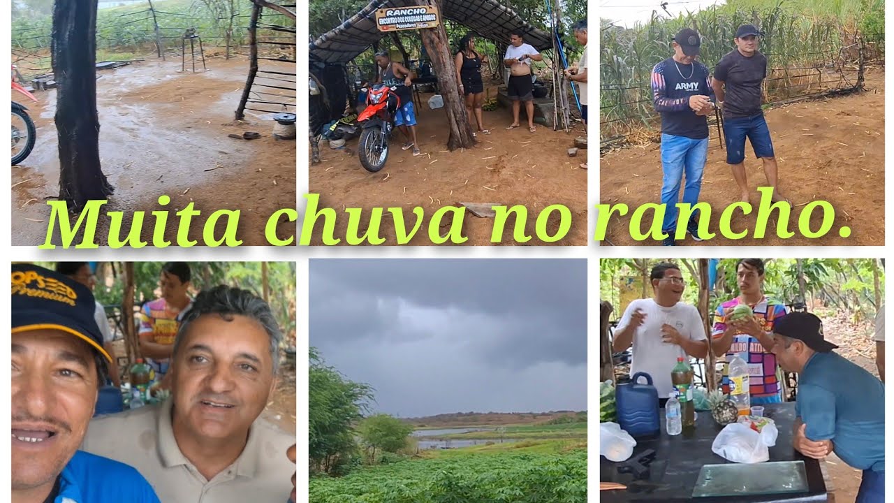 Presente de scrito gravando vídeo no rancho com os amigos debaixo de chuva.Alô para escrito