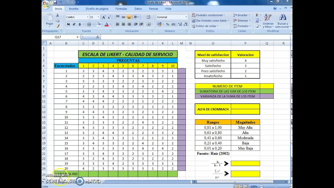 Como Calcular el Alfa de Crombach con Excel