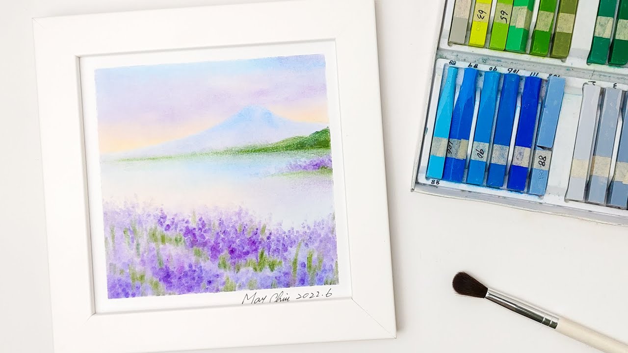 和諧的粉彩畫 富士山和薰衣草 Mount Fuji and Lavenders - Easy Soft Pastels Drawing
