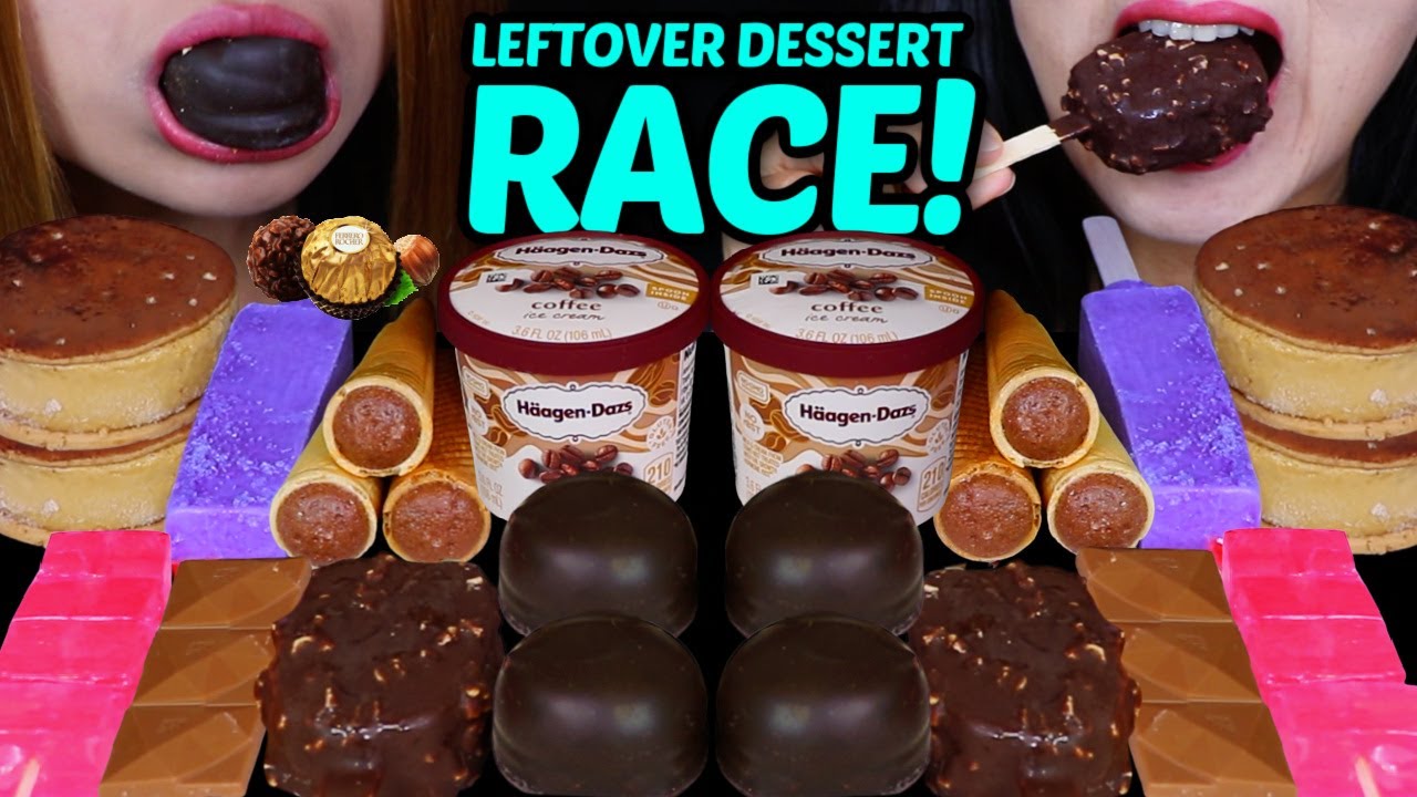 ASMR LEFTOVER DESSERT RACE! CHOCOLATE MARSHMALLOWS, FERRERO, CARAMEL, PURPLE UBE ICE CREAM BARS 먹방