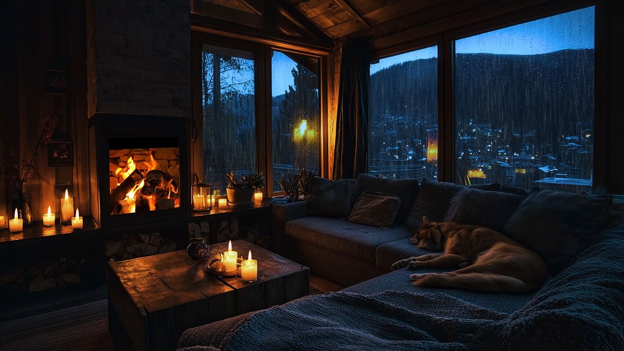 Rainstorm, Thunder & Crackling Fireplace 🌩️🔥 | Cozy Mountain Cabin Night Ambience