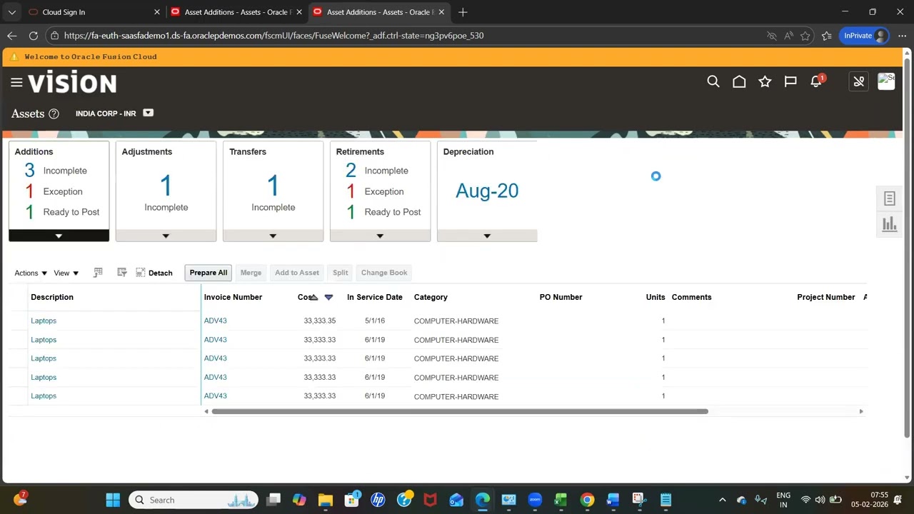 Oracle Fusion Assets - Addition, Adjustment, CIP, Transfer, Salvage value