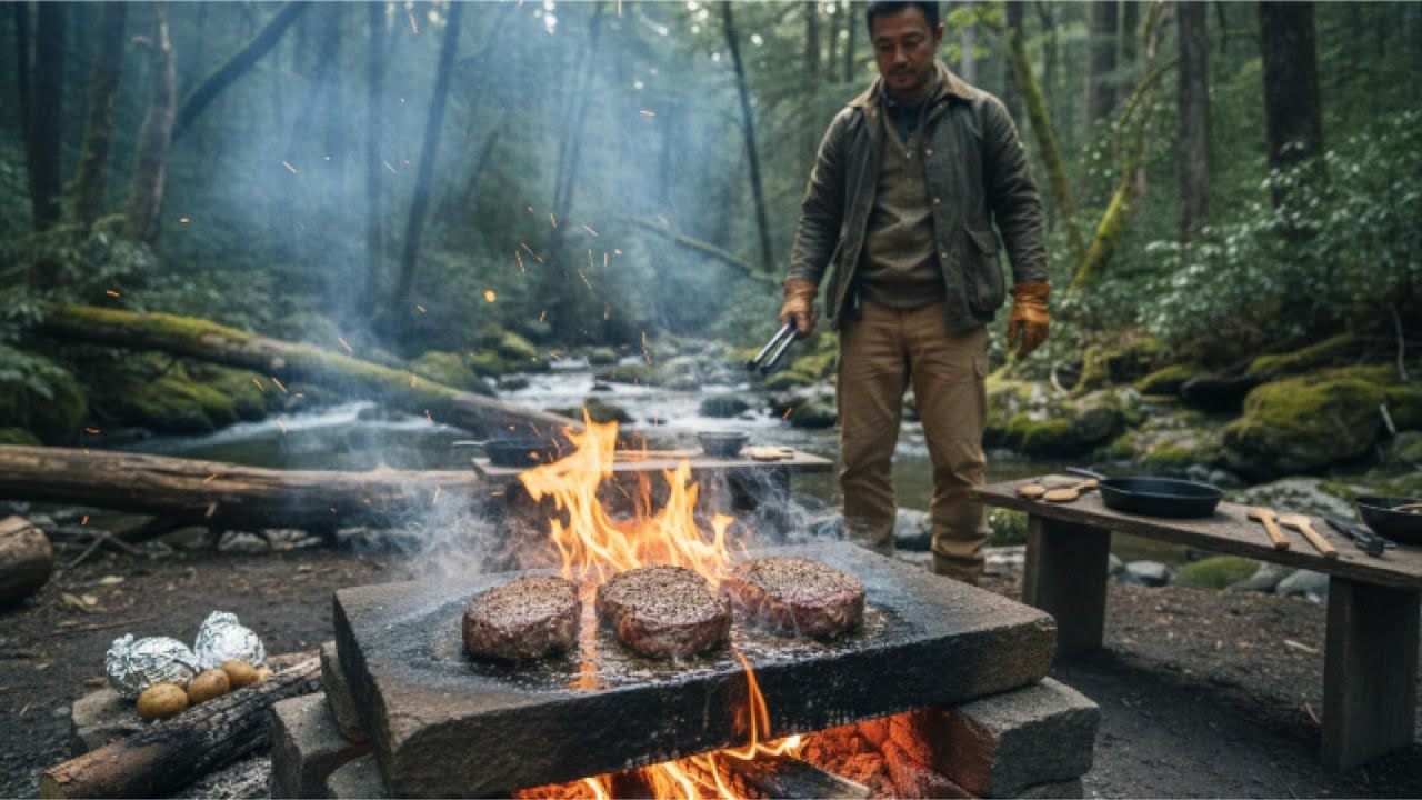 Cooking Steak on Hot Stone in the Wild | Bushcraft Survival Food