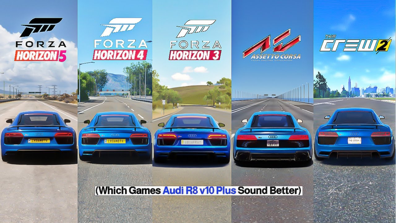 Audi R8 v10 Plus Comparison -  Forza Horizon 5 Vs FH4 Vs FH3 Vs FM7 Vs Assetto Corsa Vs TC2 Vs NFSH