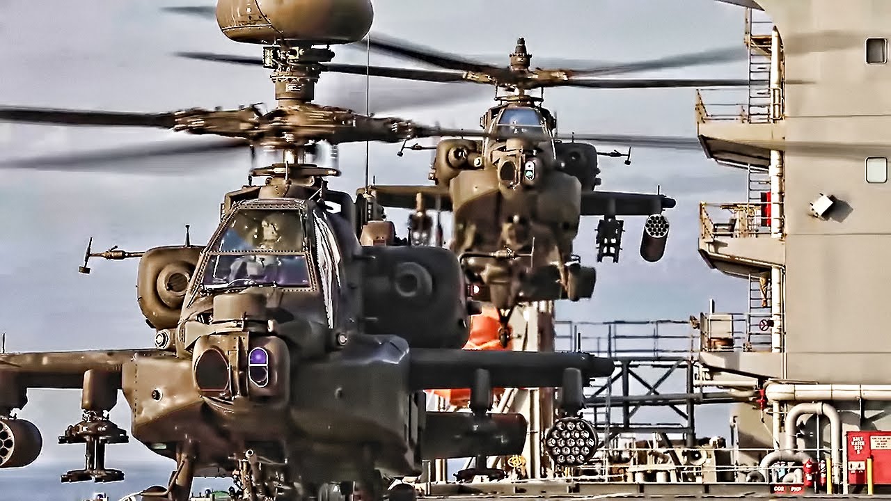 Apache Helicopters Deck Landing Quals On USN Vessel