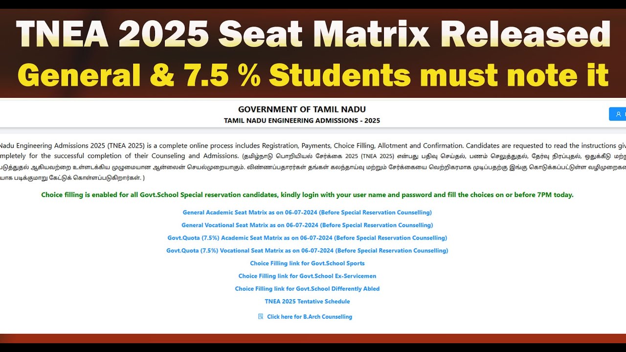 🔥 TNEA 2025 Seat Matrix Released  | General, Vocational, Govt. School (7.5%) Quota Explained!