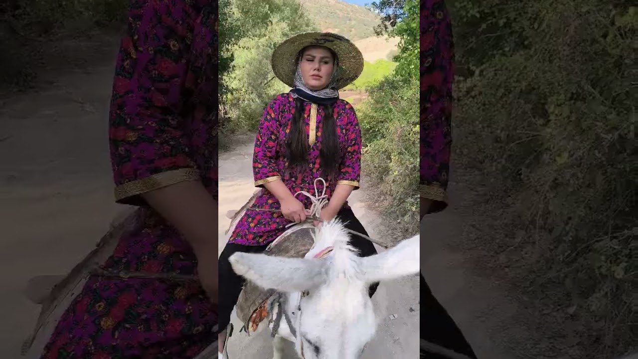 village life in Iran: donkey riding by a young girl