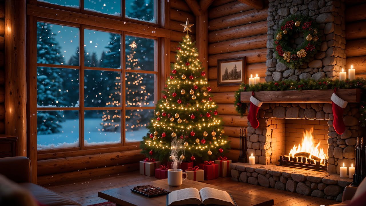 12 hour Christmas Fireplace Ambience  | NO MUSIC | NO ADS |Snow Falling, Crackling Fire