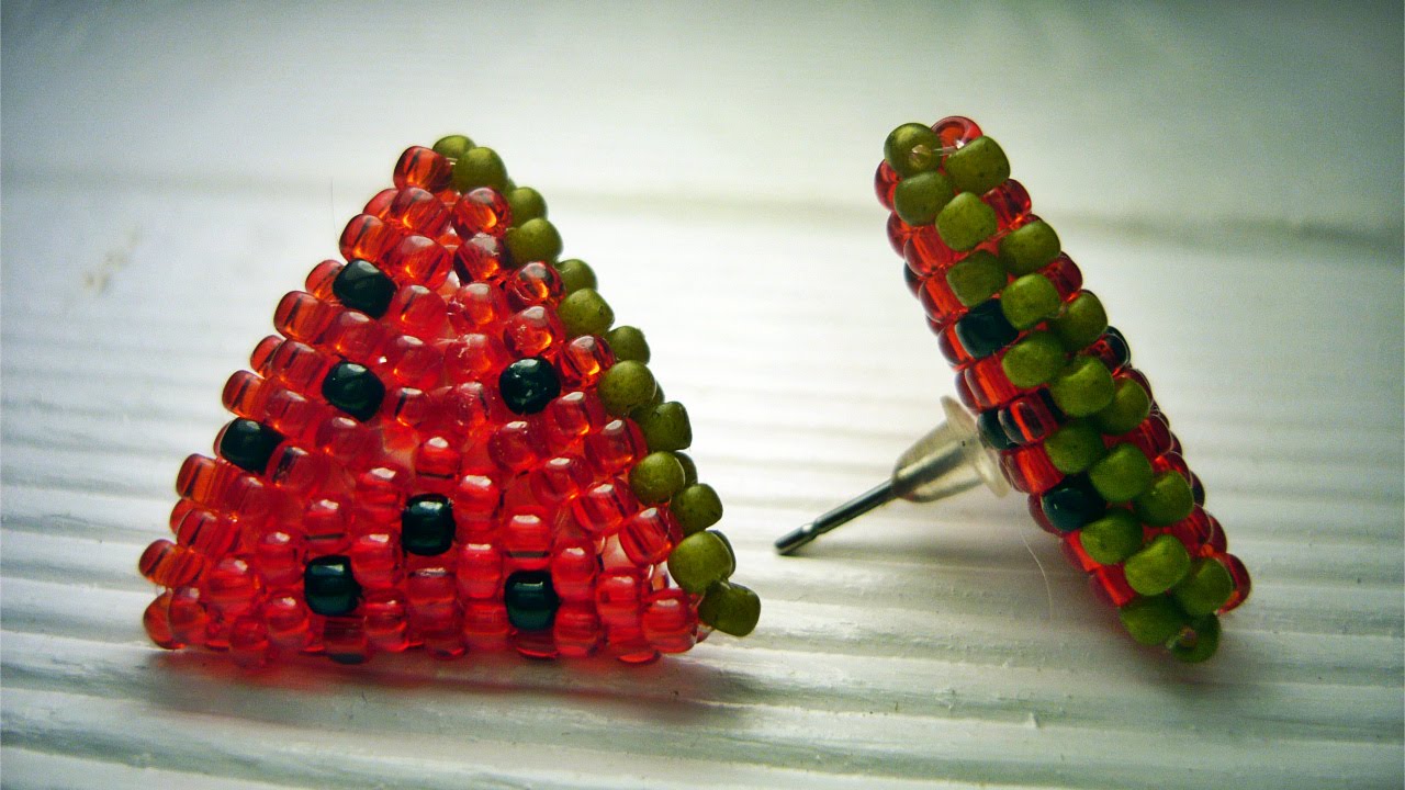 KOLCZYKI ARBUZY - formy przestrzenne ściegiem peyote (trójkąty) ★ TUTORIAL BEADING ★