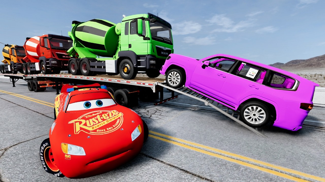 Flatbed Truck Mcqueen  Transportation with Truck - Pothole vs Car #34- BeamNG.Drive