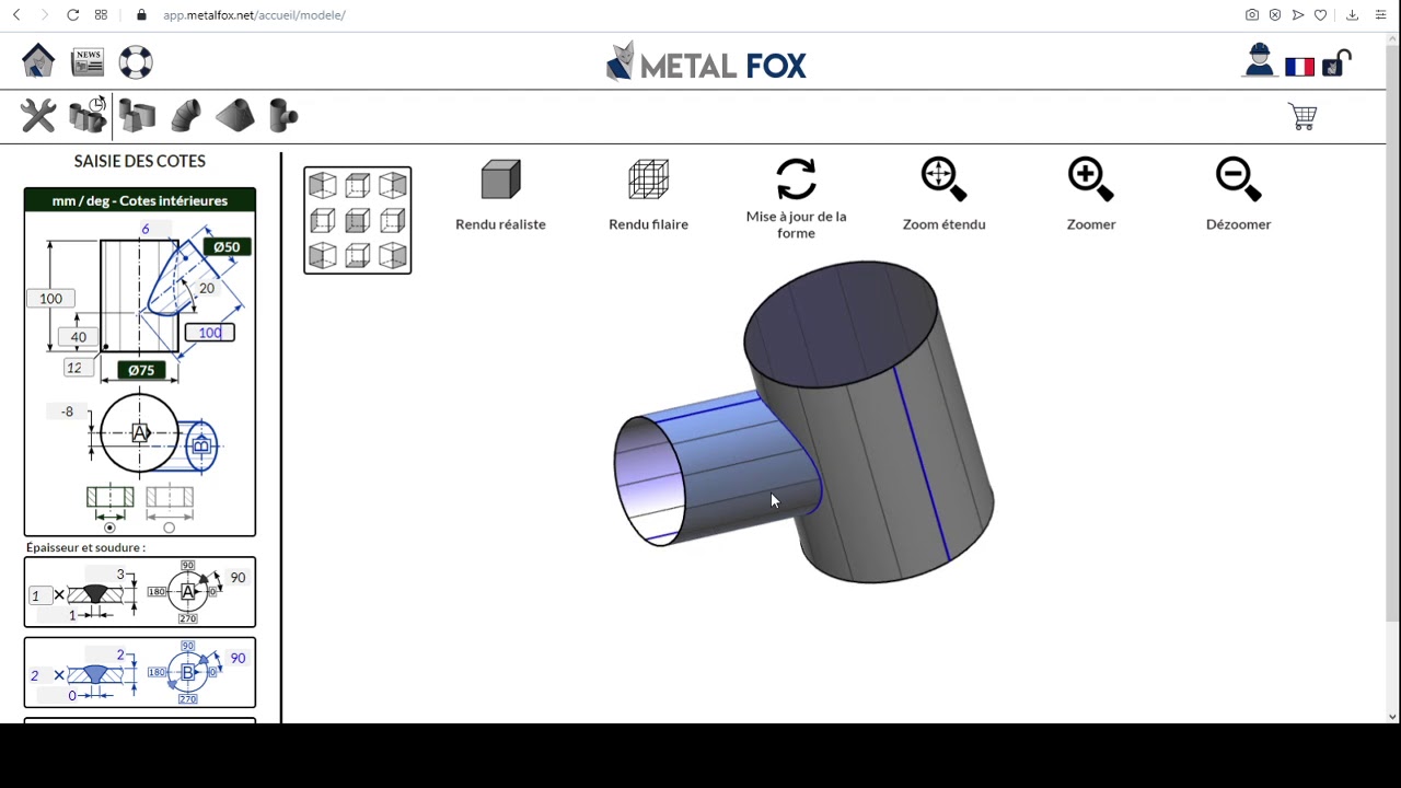 Piquages mi-épaisseur, posés et pénétrant sur MetalFox, le logiciel de traçage pour chaudronniers.