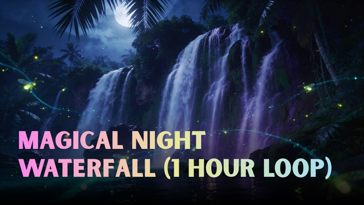 Magical Night Waterfall | Relaxing Water & Crickets Sounds | 1 Hour Ambience for Sleep, Study, Relax
