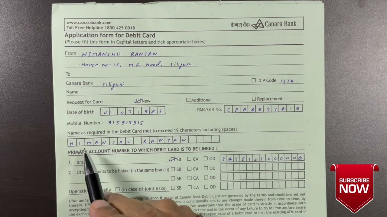 How to fill Canara bank ATM/ debit card form latest format 2022