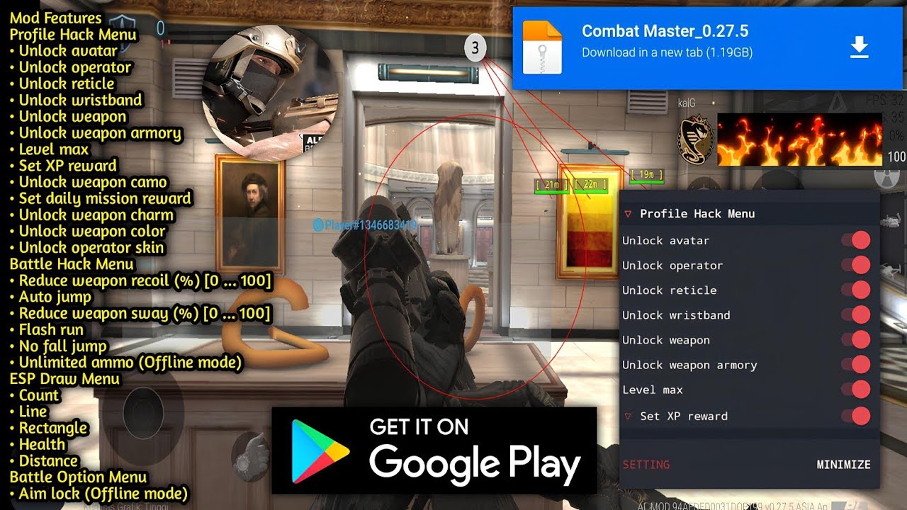 Меню мода Combat Master v0.27.5 — автоматический выстрел в голову и неограниченные боеприпасы
