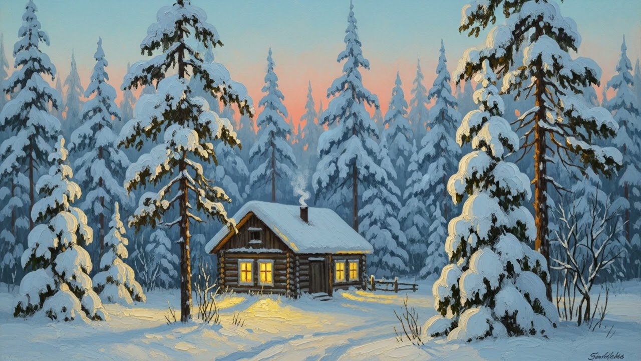 Ambient ART TV: Relaxing 4K Winter Gallery TV | Gouache Cabin Scene