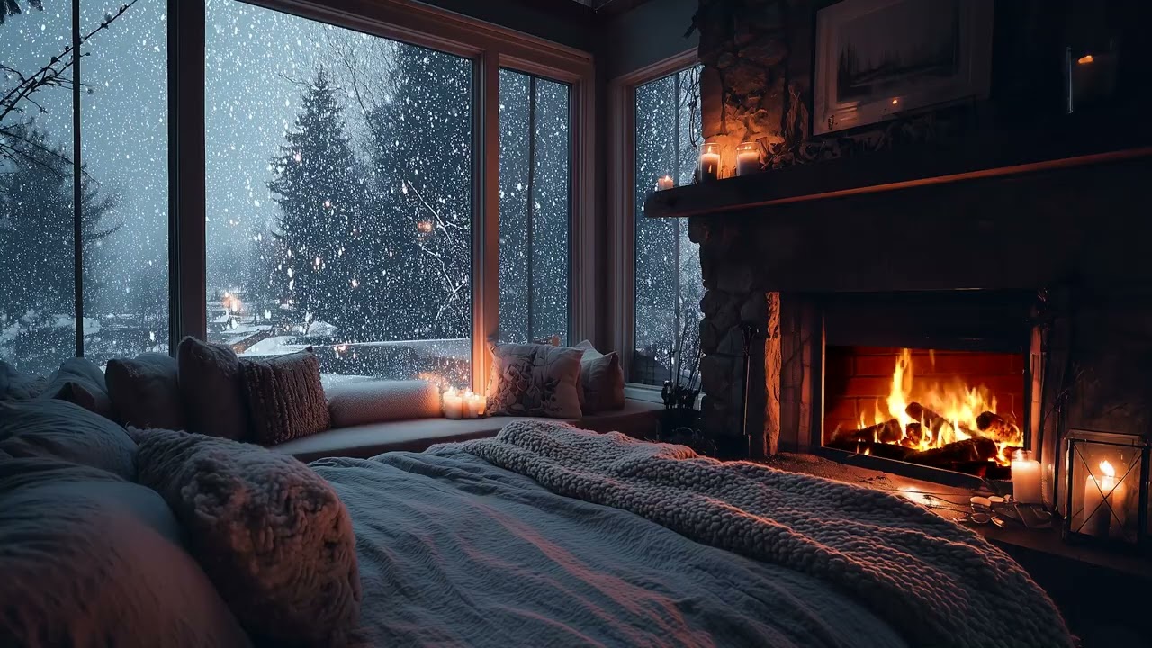 Warm Fireplace & Gentle Snowfall ❄️ Peaceful Winter Evening
