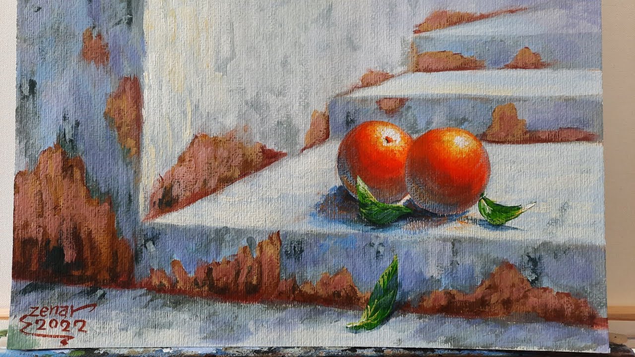 #stilllife #orange #acrylicpainting رسم لوحة طبيعة صامتة بألوان الاكريليك