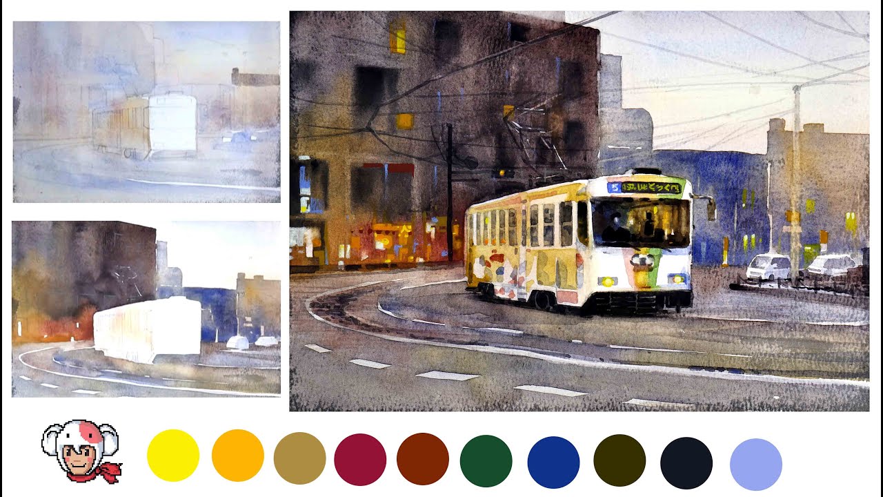 Demonstrate Watercolor painting Hakodate Tram,Hokkaido,Japan