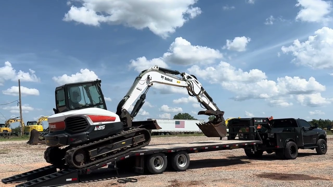 Bobcat E85 Mini Excavator Loading On A Diamond T Gooseneck Equipment Trailer