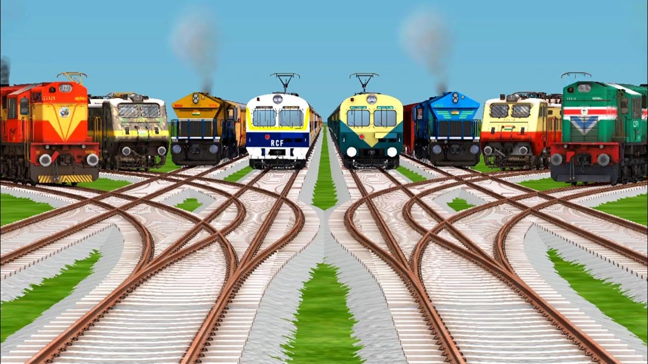 8 Trains Crossing at Bumpy Branched Railroad Tracks. | Indian train station | train video kids 