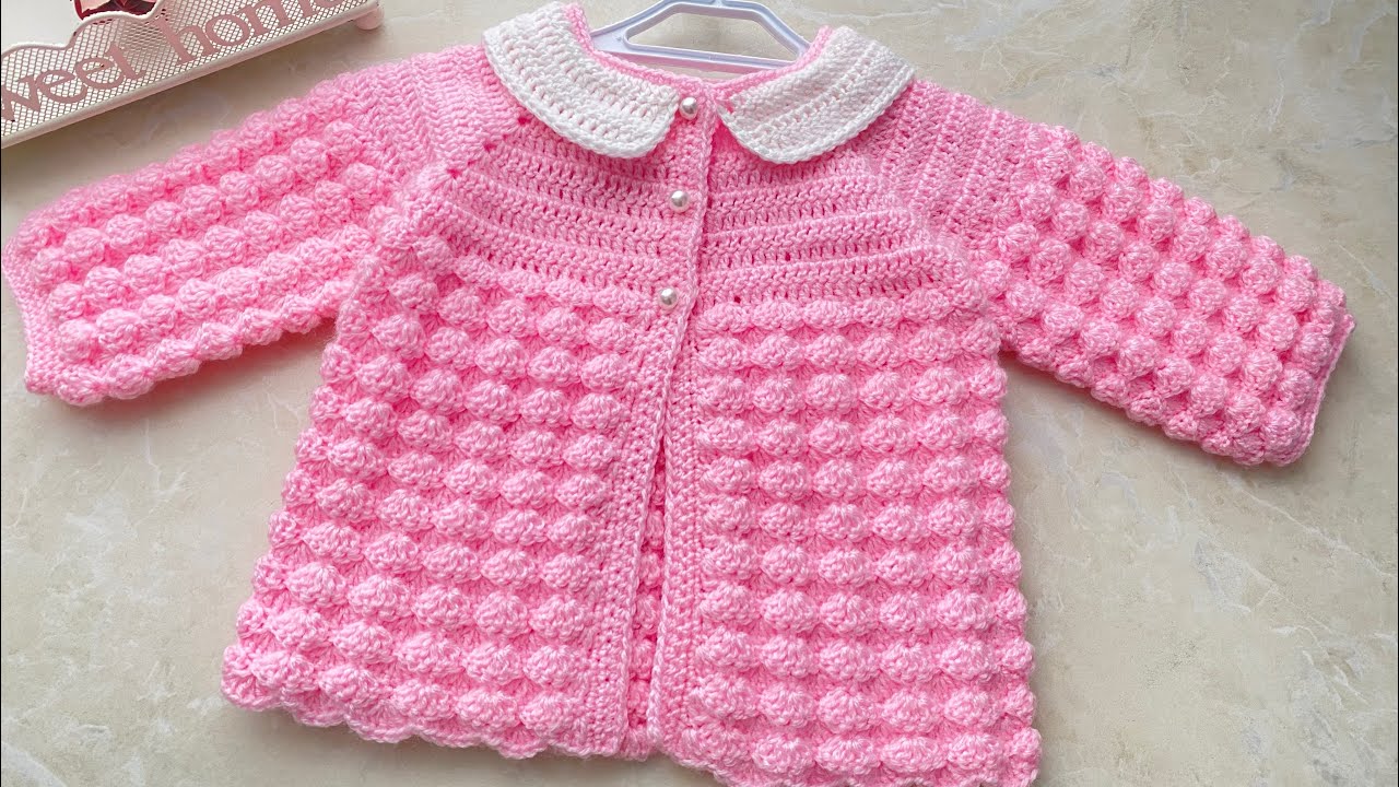 Collared, Crocheted Balloon Pattern Baby Cardigan /Tığ işi Balon Model Yakalı Bebek Hırka 3-6 ay