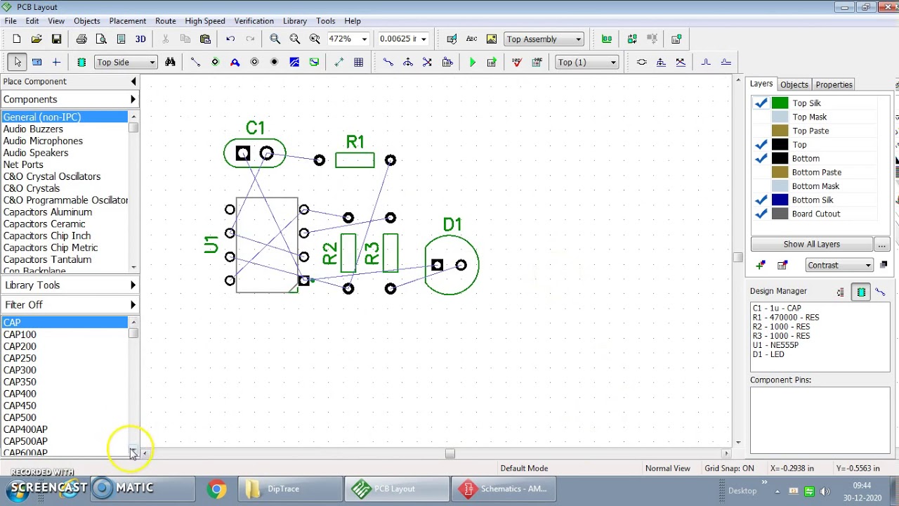 Schemetic and PCB Layout design of Astable Multi Vibrator  using Dip trace software-Part A