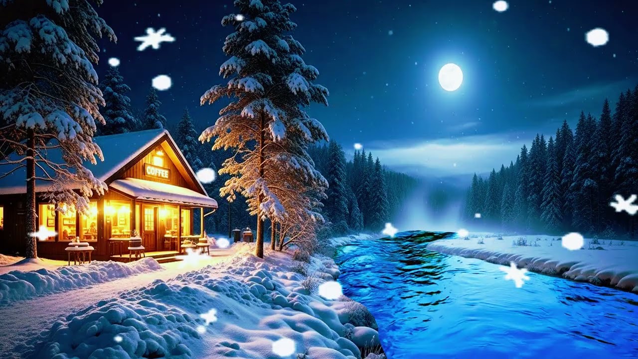 Moonlit Snowfall by the River Café — Cozy Winter Night Ambience for Deep Sleep & Relaxation