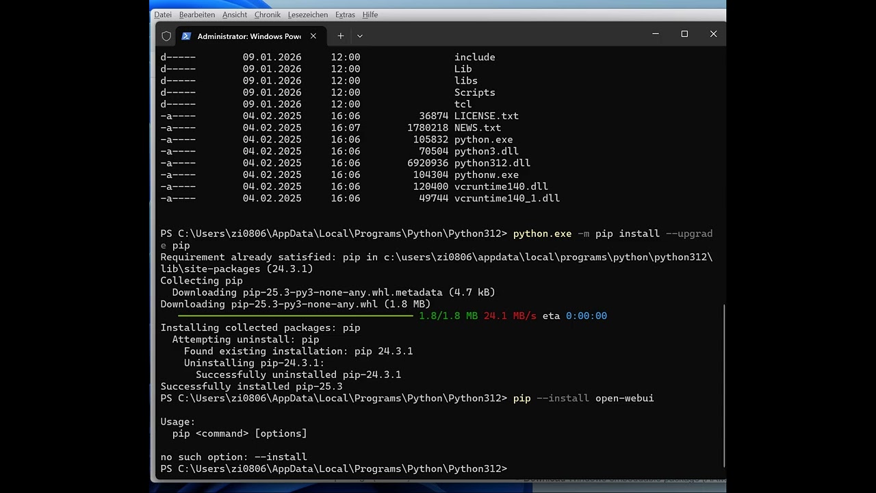 Eigene KI unter Windows 25H2 mit Ollama, Open-Webui und Python 2.12.n