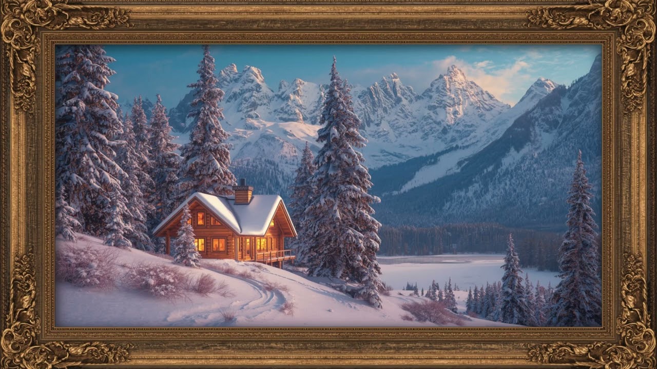 4K Winter Mountain Cabin View | Cozy Snowy Landscape Wall Art