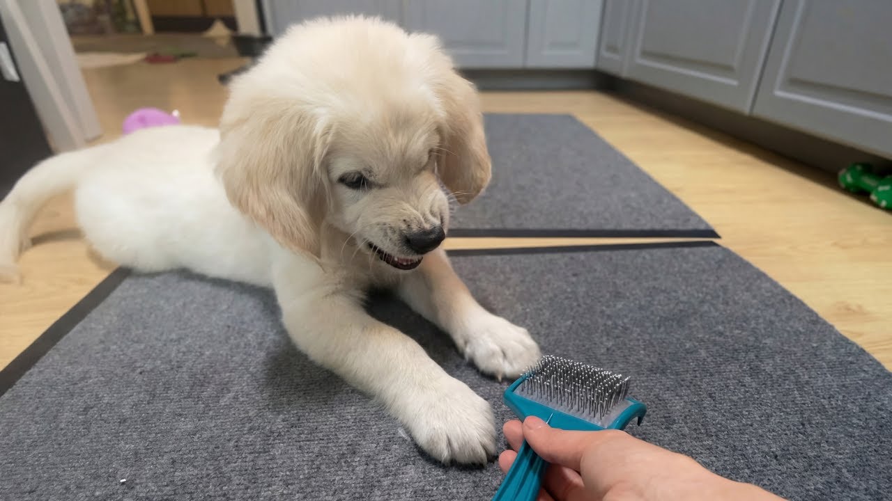 Golden Retriever Puppy vs Brush: The Funniest Battle Ever