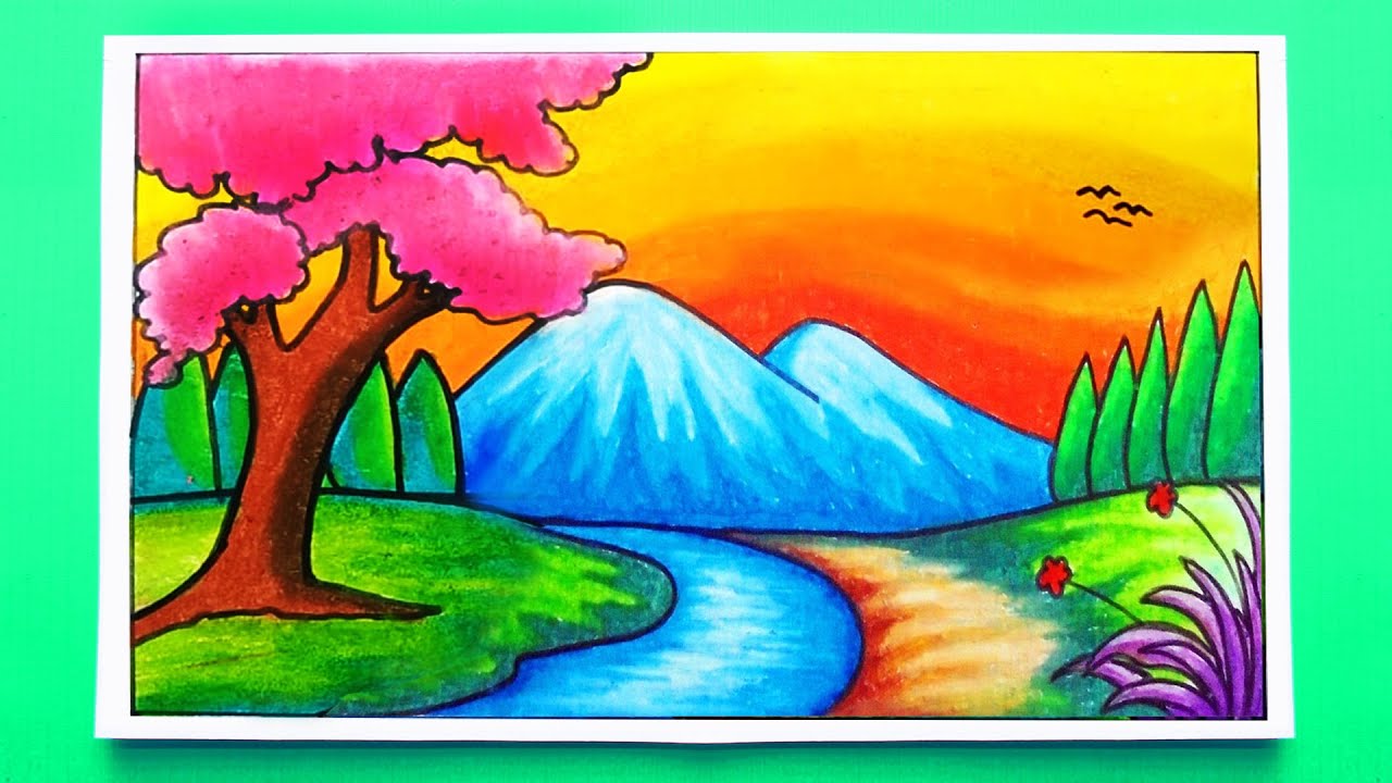 Mountain and River Scenery Drawing | Landscape drawing of hill and River - Drawing Class- 11