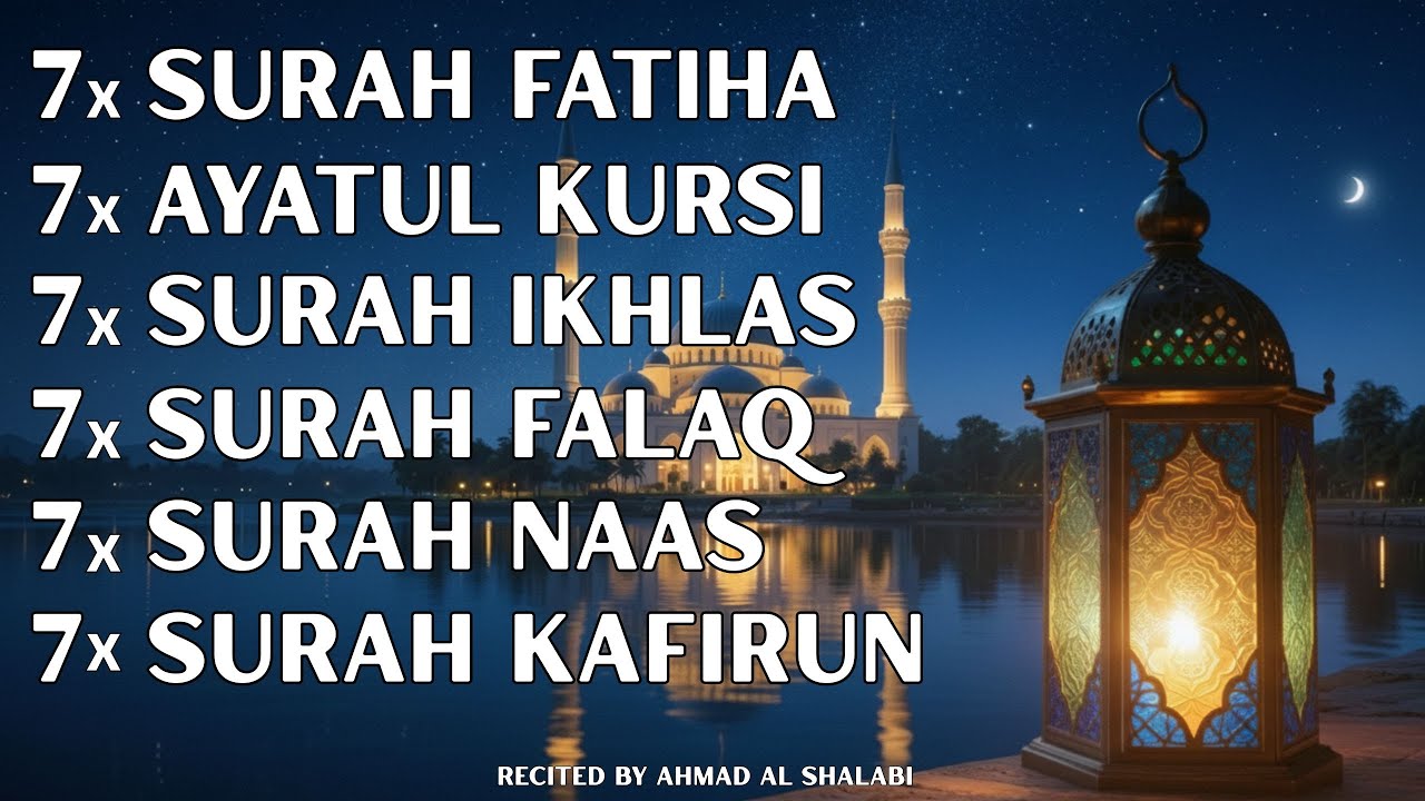 Surah Fatiha, Ayatul Kursi, Ikhlas, Falaq, Nas & Kafirun 7x + English Translation & Transliteration