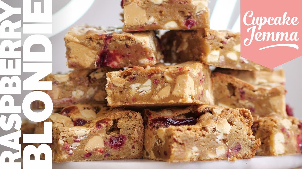 Raspberry & White Chocolate Blondie Full Recipe | Cupcake Jemma