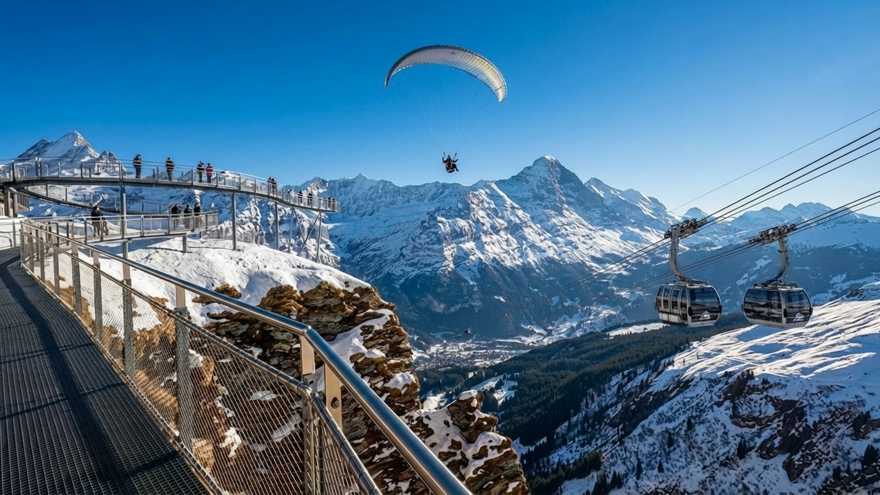 Snowy Adventure Above Grindelwald, Switzerland 🇨🇭| Cable Car Ride & First Cliff Walk Experience [4K]